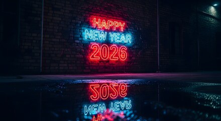 Bright neon 'Happy New Year 2026' sign reflects on wet street
