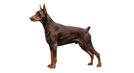 Isolated Doberman Pinscher standing with cropped tail, a proud and athletic breed, profile view