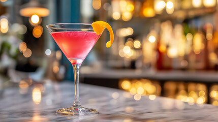 A chic cosmopolitan cocktail with a pink hue, served in a martini glass, garnished with an orange twist, placed on a marble bar counter under soft evening lights