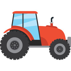 A Vibrant Red Tractor With A Blue Tinted Cabin And Large Black Wheels In A Flat Design Style On A Transparent Background