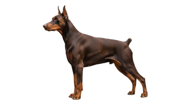 Isolated Doberman Pinscher standing with cropped tail, a proud and athletic breed, profile view