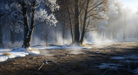 Enchanted winter forest landscape with frost covered trees and ground