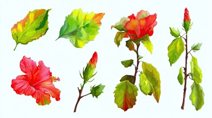 Obraz premium Botanical elements featuring vibrant red blossoms and various green foliage displayed on a white background
