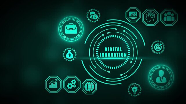 Teal digital interface with digital innovation icons and glowing circles on dark background technology - Powered by Adobe