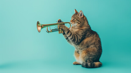 A cat playing trumpet on light blue color background, Animal photography
