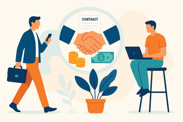 Two businessmen making partnership agreement with handshake contract and money exchange, flat vector illustration