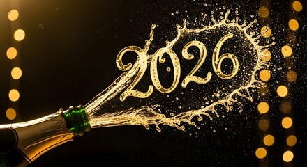 Champagne splash celebrates 2026 with golden bubbles and bokeh lights