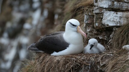 In the Falkland Islands a black browed albatross rests on its nest with a chick on a cliff