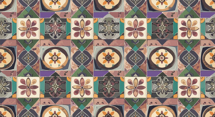 Abstract geometric mosaic pattern with intricate tile designs and vintage color palette for interior decor