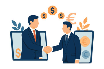 Two businessmen shaking hands through mobile screens representing online partnership and financial agreement, flat vector illustration