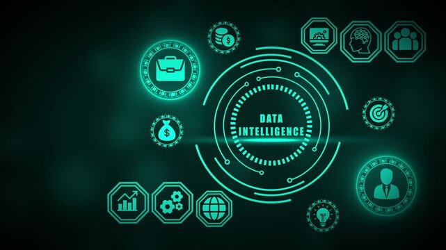 Futuristic Data Intelligence Concept with Digital Icons and Glowing Teal Circuits on Dark Background - Powered by Adobe