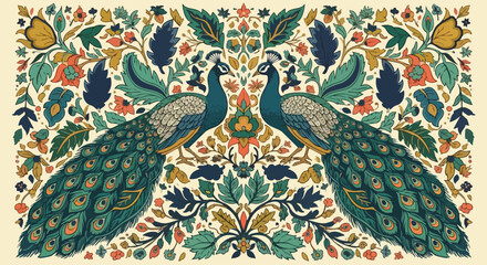 Intricate Folk Art Illustration of Two Majestic Peacocks Surrounded by Vibrant Floral Motifs in a Symmetrical Design