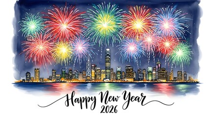 Vibrant fireworks illuminate city skyline for Happy New Year celebration