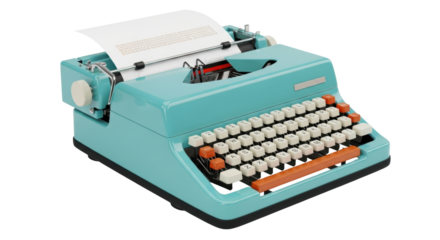 Isolated light blue typewriter, vintage and old-fashioned, typing on a piece of paper