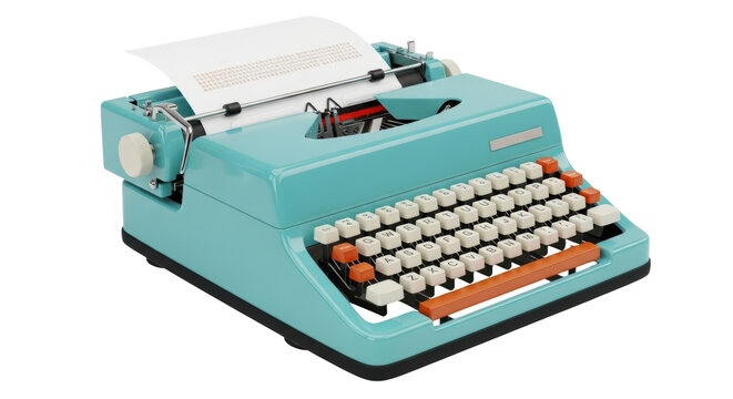 Isolated light blue typewriter, vintage and old-fashioned, typing on a piece of paper