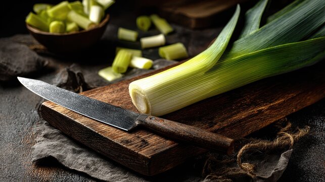 Fresh green leek on a wooden cutting board with a knife set against a dark table backdrop Culinary presentation