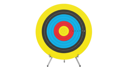 Isolated archery target standing on metal legs. Circular sport focus on precision.