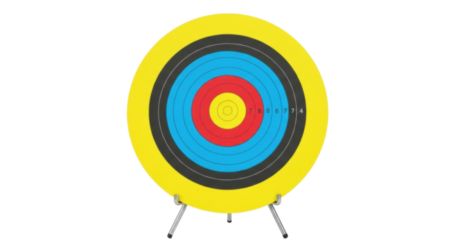 Isolated archery target standing on metal legs. Circular sport focus on precision.