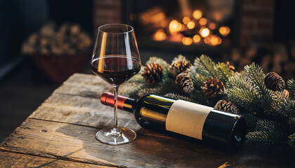 Premium Wine Bottle and Glass on Rustic Wooden Table with Garland and Fireplace Glow