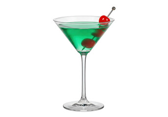 Isolated cool refreshing green martini cocktail with cherries in glass for bar drinks