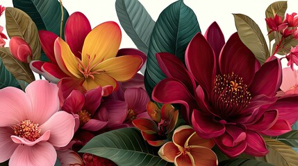 Vibrant composition featuring a dense cluster of exotic blossoms and rich foliage against a light background