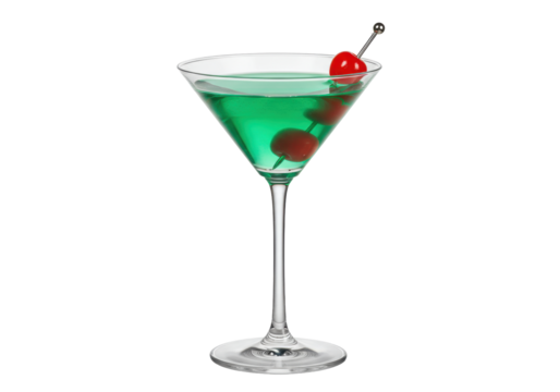 Isolated cool refreshing green martini cocktail with cherries in glass for bar drinks