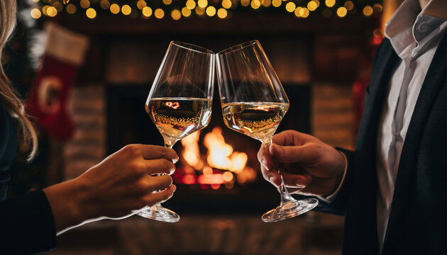 Two Wine Glasses Toasting by Fireplace — Warm Christmas Night with Holiday Lights - Powered by Adobe