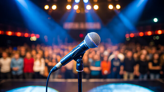 Close-up of a classic microphone on a stand centered on a stage with bright blue spotlights shining down on a blurred, large crowd ready for a live performance, speech, or concert.