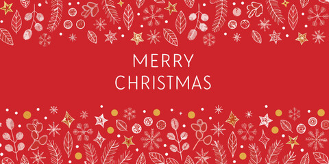Festive merry christmas greeting card with hand drawn winter foliage and snowflakes on red background