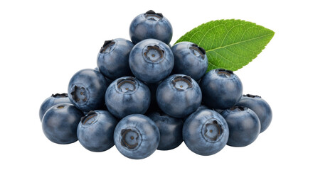 Isolated pile of fresh blueberries with a leaf, ripe and juicy summer fruits, delicious treat