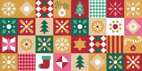 Retro christmas geometric pattern with festive icons and warm colors