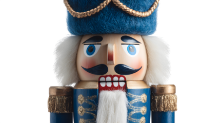 Classic nutcracker soldier in blue uniform and white beard isolated on white background