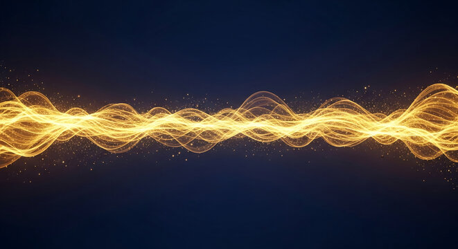 Wavy golden line with light particles on dark blue background, representing energy flow, connection, or abstract network with potential message space
