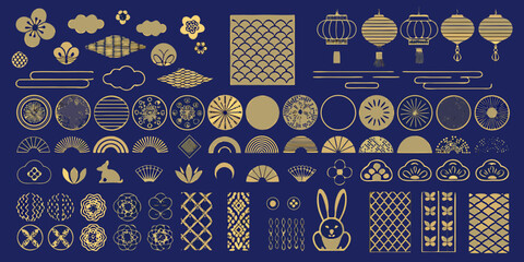 Collection of golden oriental decorative elements and symbols on dark blue background © Savankar
