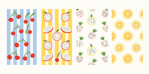 Four distinct fruit patterns featuring cherries dragon fruit and lemons on striped and white backgrounds