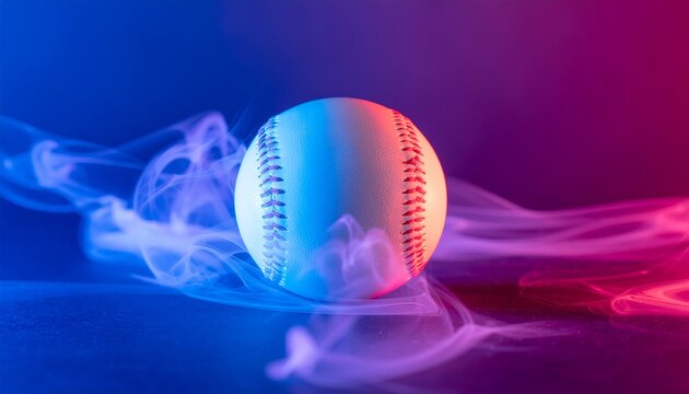 Vibrant close-up of a baseball amidst flowing smoke, illuminated by striking blue and purple neon lights, creating a dynamic and energetic visual with ample space for creative text