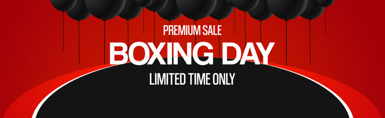 Boxing day sale banner. Red and black background with flying balloons. Wide background for Boxing day special offers, web and online shop headers