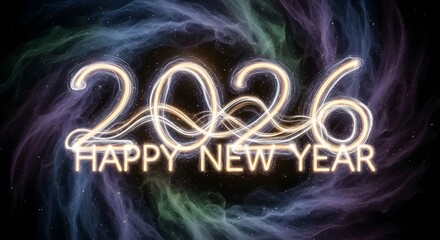 Celebrate the Future 2026 Happy New Year glowing cosmic celebration
