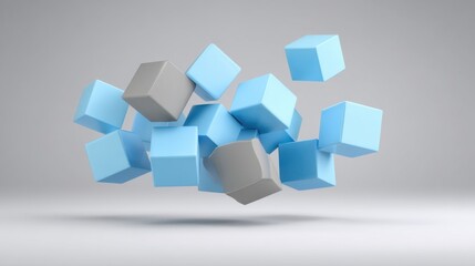 Fototapeta premium Abstract composition of floating geometric shapes in blue and gray colors ideal for backgrounds, web design, and creative projects showcasing modern aesthetics