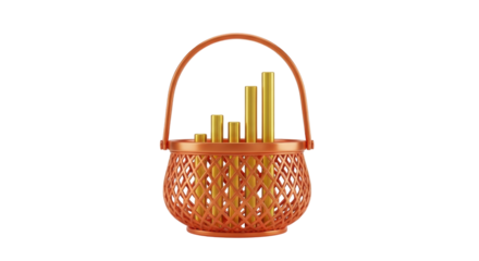 Isolated wicker basket with golden bars showing upward growth trends, business success