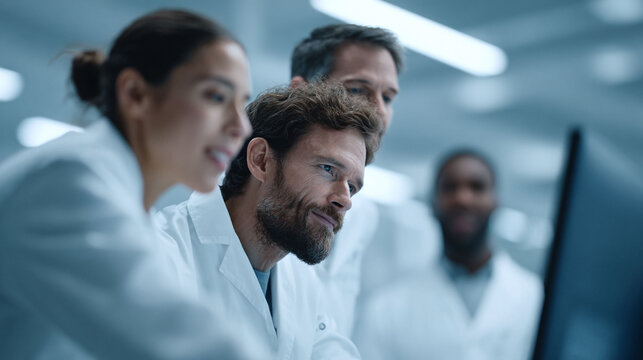 Dedicated team of scientists collaborating, reviewing data on a screen. Represents innovation, research, and teamwork in a modern laboratory setting.