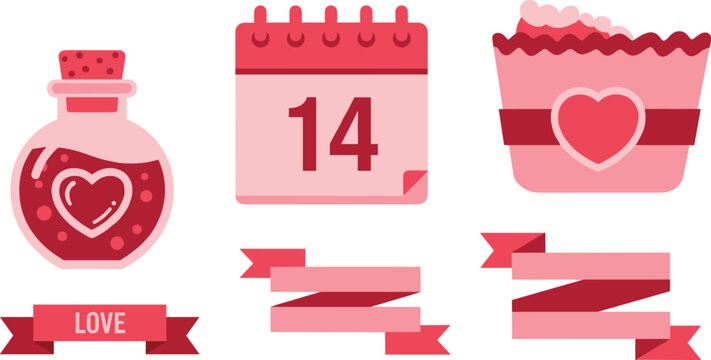 Valentine's day love potion, calendar, cupcake, ribbon icons. - Powered by Adobe