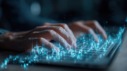 Overlay of a woman typing on a computer with a holographic forex chart Stock market analysis theme