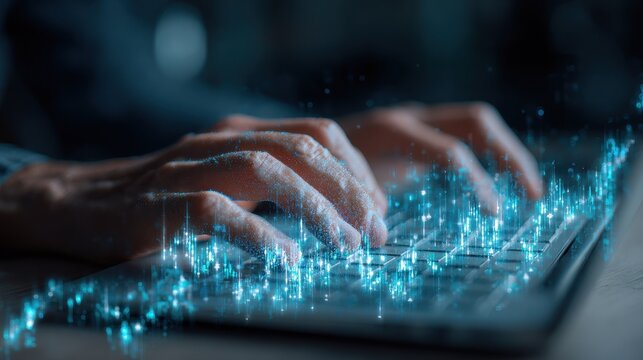 Overlay of a woman typing on a computer with a holographic forex chart Stock market analysis theme - Powered by Adobe