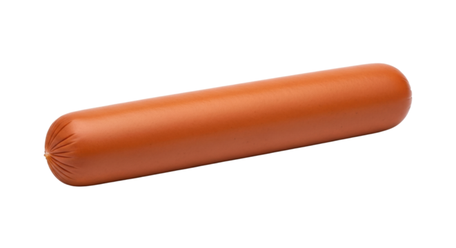 Isolated sausage with smooth casing in horizontal alignment is a ready-to-eat food