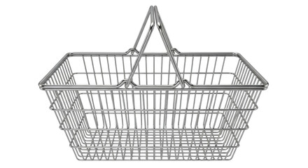 Isolated shiny metallic wire shopping basket with handle, shiny silver grocery container © Anneliese