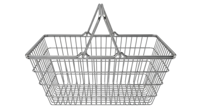 Isolated shiny metallic wire shopping basket with handle, shiny silver grocery container