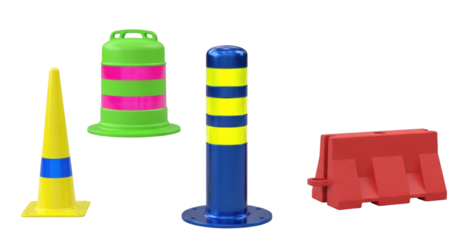 Isolated Road Traffic Safety Barriers, Cones, and Bollards Equipment on a Neutral Background