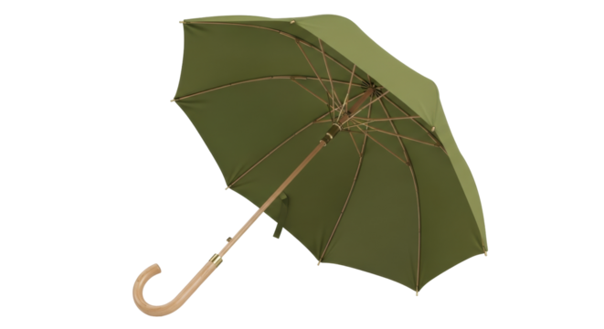Isolated green umbrella with wooden handle protecting from the rain and sunshine outdoors