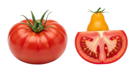 Fototapeta premium Isolated Bright Red Tomato with a Pear Tomato Half and Slice on a Plain Surface
